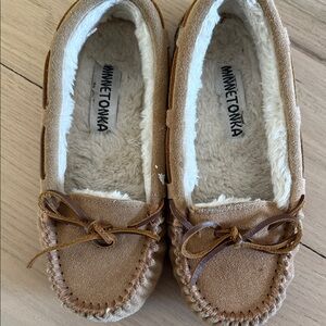 Minnetonka Tan Moccasins with Gray Soles